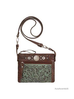 Hand Tooled Genuine Leather Crossbody Hip Bag Detachable Strap Western